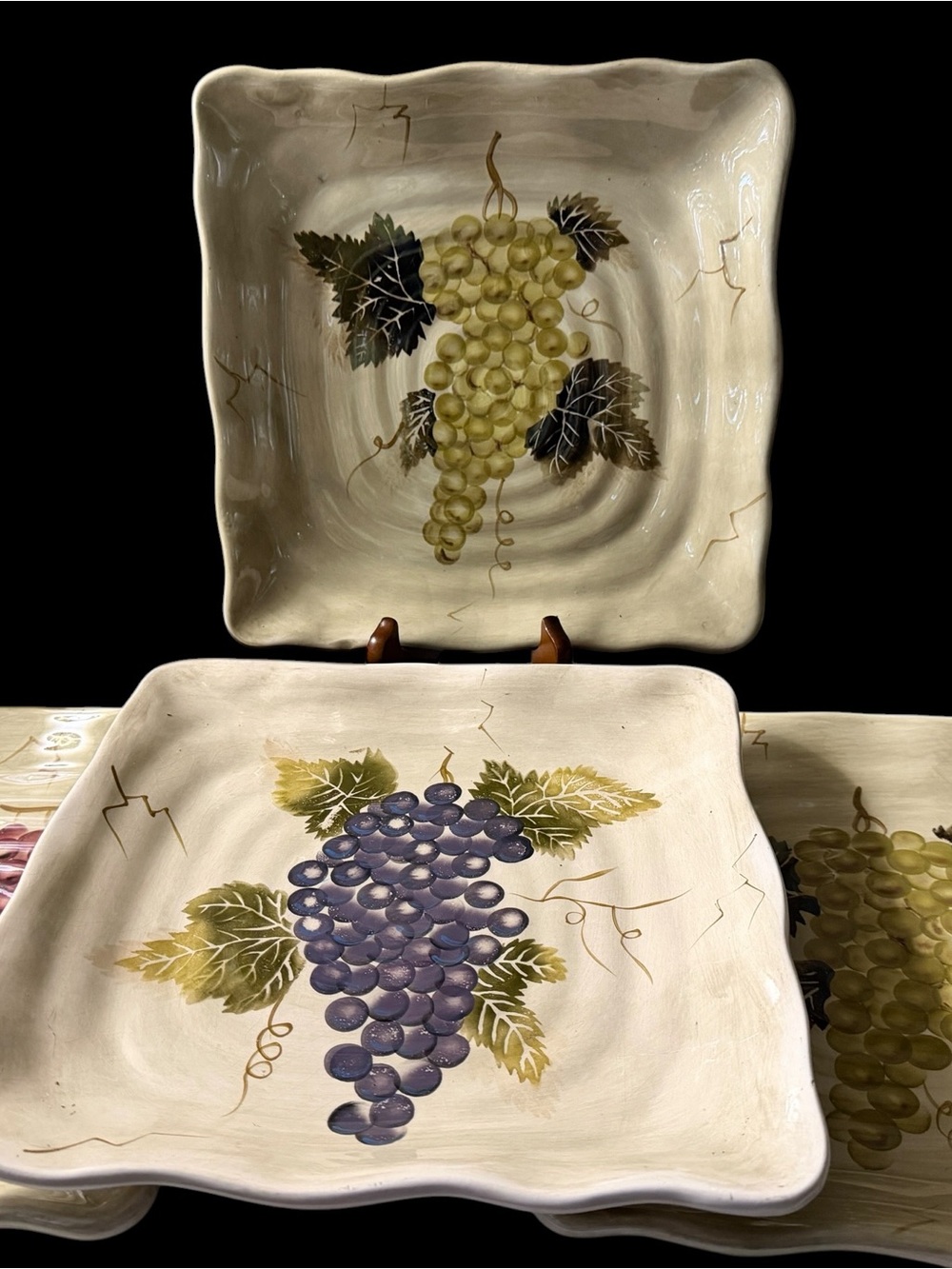 Tabletops Gallery Cabernet 11” Square Grape Dinner Plates, Hand Painted Set of 4